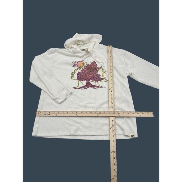 Blue 84 Ivory Long-Sleeve Hoodie Ribbed Vibrant Tree Design Women's size Large - Picture 4 of 5